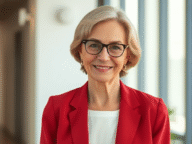 Frau mit rotem Blazer im Büro
